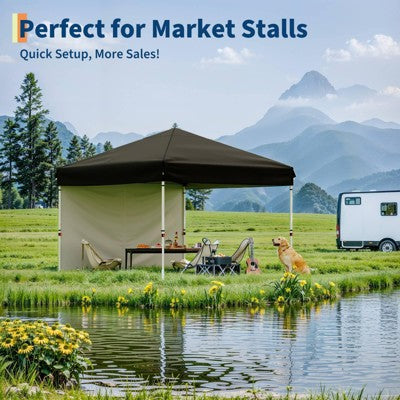  10x10 Heavy Duty Pop Up Canopy, One-Button Setup, Portable Roller Bag, Adjustable Height, Includes 1 Sidewall & 4 Weight Bags