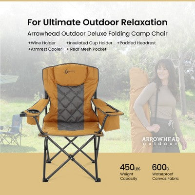  Arrowhead Outdoor Portable Folding Camping Quad Chair W/ 6-Can Cooler, Heavy-Duty Carrying Bag, Supports Up To 450lbs (Workwear Tan)
