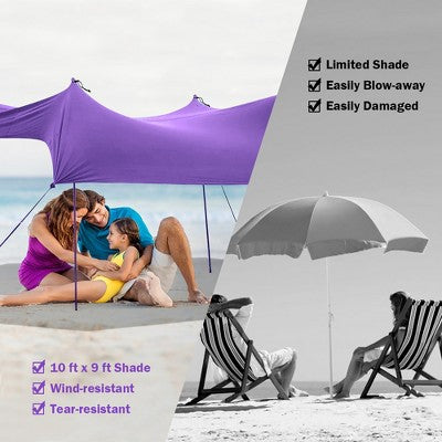  Costway Family Beach Tent Canopy W/4 Poles Sandbag Anchors 10'x9' UPF50+ Purple/Green/Blue