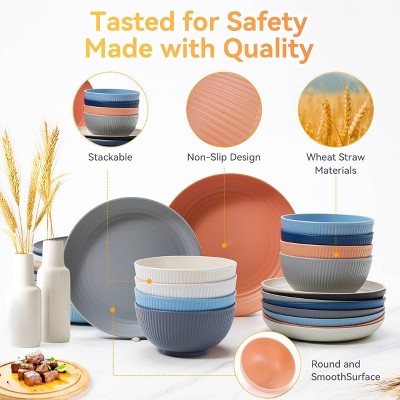  Itopfox 64-Piece Wheat Straw Dinnerware Set - Unbreakable, Reusable Plates, Bowls, Cups & Utensils, Microwave & Dishwasher Safe, Perfect For Home