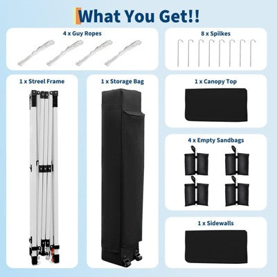  10x10 Heavy Duty Pop Up Canopy, One-Button Setup, Portable Roller Bag, Adjustable Height, Includes 1 Sidewall & 4 Weight Bags