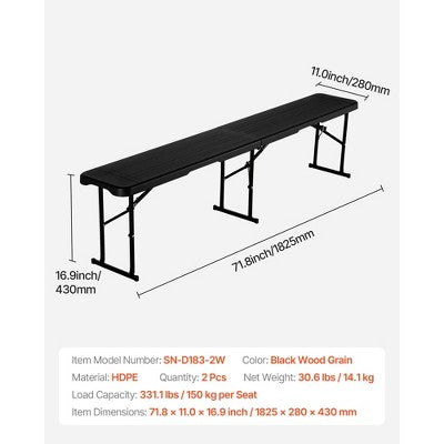  VEVOR Plastic Folding Bench, 6 Ft Portable Bench For Outdoor Picnic Party Camping Dining, Foldable Smooth HDPE Seat, Black