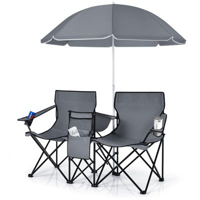  Tangkula Portable Double Camping Chair, Folding Picnic Loveseat W/ Removable Adjustable Umbrella, Side Pocket & Cupholder Red/Gray/Black/Turquoise