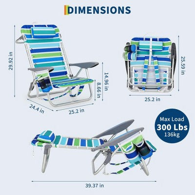  Beach Chair For Adults, Lightweight Portable Lay Flat Folding Beach Chair With 5 Reclining Positions
