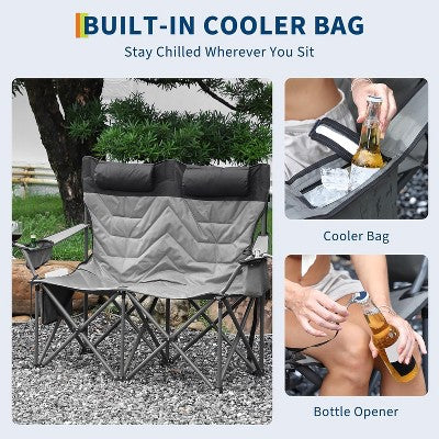 Oversized Double Folding Camping Chair,Heavy Duty Outdoor Padded Portable Chair For 2 Person With Cup Holder