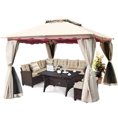  Tangkula 13'x10'Outdoor Canopy Gazebo Art Steel Frame 2-Tiers Party Patio Large Canopy Gazebo W/Netting&Side Walls