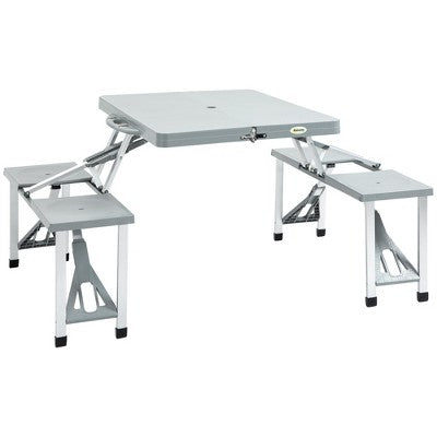  Outsunny Portable Foldable Camping Picnic Table Set With Four Chairs And Umbrella Hole, 4-Seats Aluminum Fold Up Travel Picnic Table
