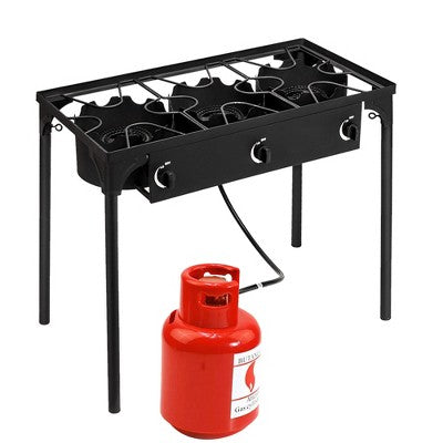  KTMBDW Outdoor Camp Stove High Pressure Propane Gas Cooker Portable Cast Iron Patio Cooking Burner (Three Burner 225000-BTU), Black