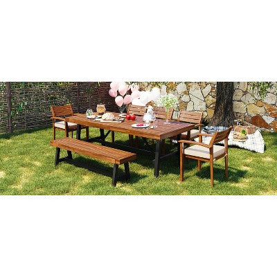  GO Outdoor Wood Dining Set For 7-8 Person, Outdoor Dining Furniture With Removable Cushions, Ergonomic Chairs And Bench, Thicker Table, Nature