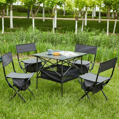  DSVIMOY Folding Chair, 5-Piece Folding Outdoor Chairs Set With 1 Table, Camping Chair For Picnics, Backyard, Black & Gray, 19.3"*15.35"*30.5"