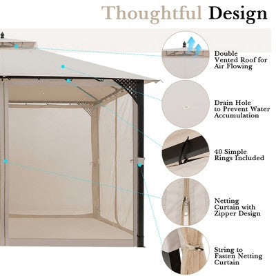  Costway 12' X 10' Outdoor Patio Gazebo Canopy Shelter Double Top Sidewalls Netting Brown\ Beige