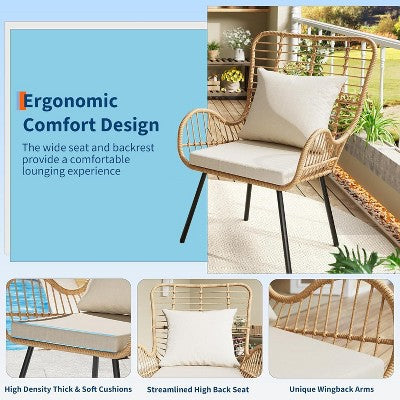  Outdoor Wicker Patio Set For 4, 4 Pieces Outdoor Rattan Chairs, All-Weather Wicker Furniture For Porch, Backyard With Cushions & Pillows, Boho Style