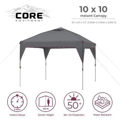 CORE Instant Canopy 10 X 10 Foot Outdoor Pop Up Shade Canopy Shelter Tent, Gray