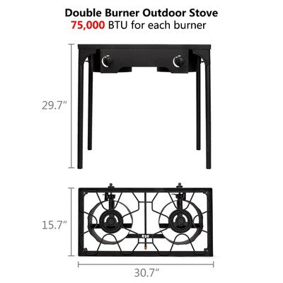  KTMBDW Outdoor Camp Stove High Pressure Propane Gas Cooker Portable Cast Iron Patio Cooking Burner (Double Burner 150000-BTU), Black
