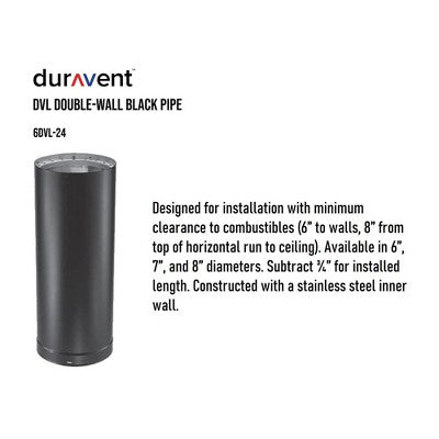  DuraVent DVL 6DVL-24 6 Inch Galvanized Steel Stainless Steel Double Wall Wood Burning Stove Pipe Connector To Vent Smoke Or Exhaust, Black