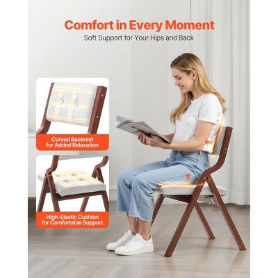  VEVOR Wooden Folding Chairs With Cushion, Set Of 2, Portable Foldable Cushion Chair With Wooden Frame, Modern Padded Dining Chair, White