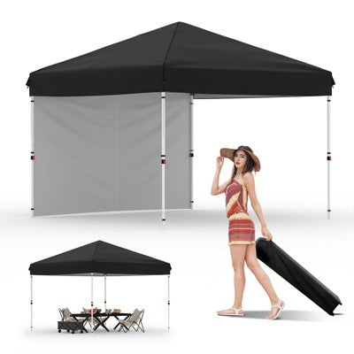  10x10 Heavy Duty Pop Up Canopy, One-Button Setup, Portable Roller Bag, Adjustable Height, Includes 1 Sidewall & 4 Weight Bags