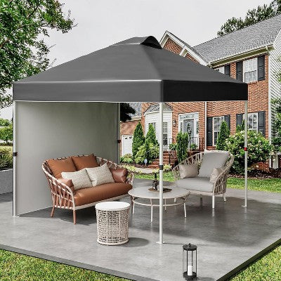  Acekool 10x10 Pop Up Canopy With Side Wall, Portable Sun Shelter With Wheeled Bag, Stakes, Ropes & Weight Bags For Outdoor Events, White