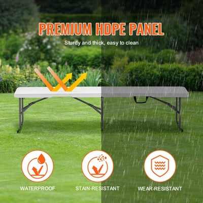  VEVOR Plastic Folding Bench, 6 FT Portable Folding Bench, Smooth HDPE Waterproof Outdoor Bench, Picnic Camping Dining Seat With Carrying Handle