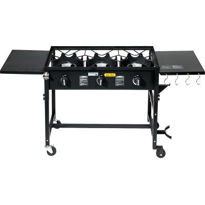  Barton 87,000 BTU 3-Burner Outdoor Propane Grill Camp Stove Side Table W/ Wheel (4) Hook Utensil Holder, Black