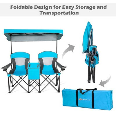  Costway Portable Folding Camping Canopy Chairs W/ Cup Holder Cooler Outdoor Blue