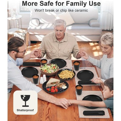  Itopfox 24-Piece Dinnerware Set For 6, Unbreakable Wheat Straw Plates & Bowls, Dishwasher & Microwave Safe, RV, Beach House & Daily Use, Black