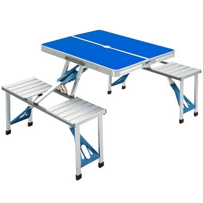  Outsunny Folding Aluminum Picnic Table Chair Set, 4-Seat Outdoor Furniture With Portable Suitcase, Umbrella Hole, Handle For Camping Dining BBQ