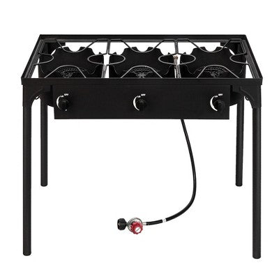  KTMBDW Outdoor Camp Stove High Pressure Propane Gas Cooker Portable Cast Iron Patio Cooking Burner (Three Burner 225000-BTU), Black