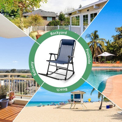  Costway Folding Zero Gravity Rocking Chair Rocker Porch Outdoor Patio Headrest Blue