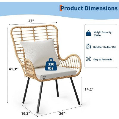  Outdoor Wicker Patio Set For 4, 4 Pieces Outdoor Rattan Chairs, All-Weather Wicker Furniture For Porch, Backyard With Cushions & Pillows, Boho Style