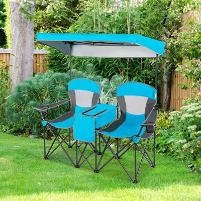  Gymax Double Folding Camping Chairs W/ Carrying Bag Outdoor 2-Seat Picnic Chair W/ Adjustable & Detachable Canopy Portable & Foldable Loveseat
