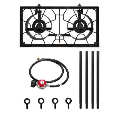  KTMBDW Outdoor Camp Stove High Pressure Propane Gas Cooker Portable Cast Iron Patio Cooking Burner (Double Burner 150000-BTU), Black