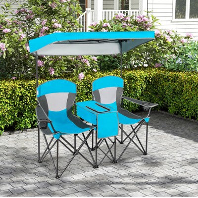  Gymax Double Folding Camping Chairs W/ Carrying Bag Outdoor 2-Seat Picnic Chair W/ Adjustable & Detachable Canopy Portable & Foldable Loveseat