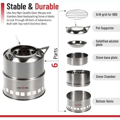  GasOne Wood Burning Camping Stove - Stainless Steel Portable Stove With Grill Grid For Picnic, BBQ, Camp, Hiking