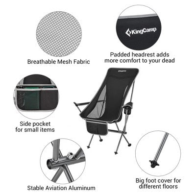  KingCamp Lightweight Padded Highback Folding Lounge Chair With Cupholder, Side Storage Pocket, And Carry Bag For Indoor Or Outdoors, Black/Grey