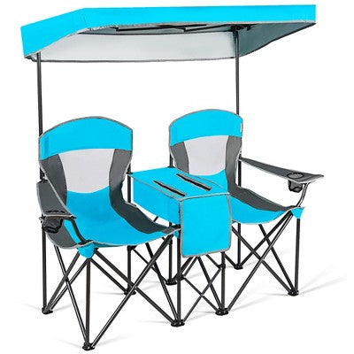  Costway Portable Folding Camping Canopy Chairs W/ Cup Holder Cooler Outdoor Blue