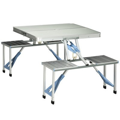  Outsunny Folding Aluminum Picnic Table Chair Set, 4-Seat Outdoor Furniture With Portable Suitcase, Umbrella Hole, Handle For Camping Dining BBQ