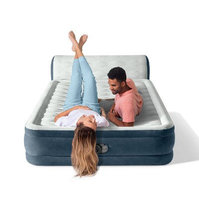  Intex 18" Pillow Top Air Mattress With Electric Pump And Headboard - Queen Size