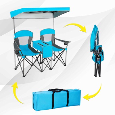  Gymax Double Folding Camping Chairs W/ Carrying Bag Outdoor 2-Seat Picnic Chair W/ Adjustable & Detachable Canopy Portable & Foldable Loveseat