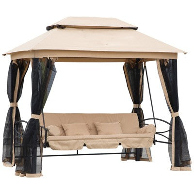  Outsunny 3 Person Patio Swing Chair, Gazebo Swing With Double Tier Canopy, Cushioned Seat, Mesh Sidewalls