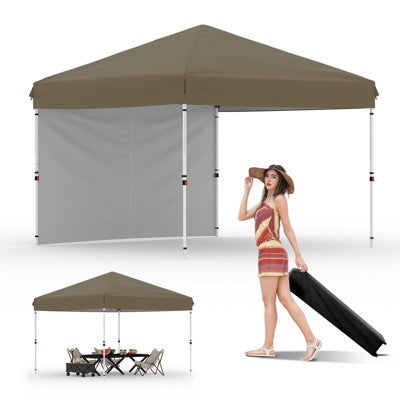  10x10 Heavy Duty Pop Up Canopy, One-Button Setup, Portable Roller Bag, Adjustable Height, Includes 1 Sidewall & 4 Weight Bags