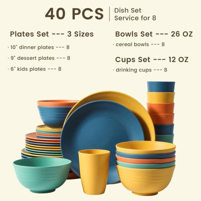  Itopfox 40-Piece Premium Wheat Straw Dinnerware Set, Service For 8, Unbreakable Plates & Bowls, Dishwasher & Microwave Safe, Eco-Friendly Kitchenware