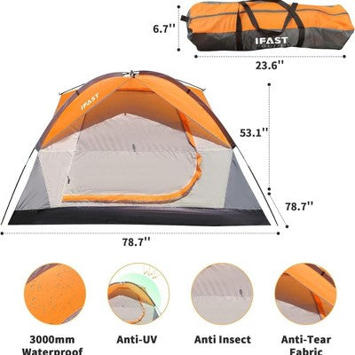  NAYSAYE Camping Tent 4 Person Family Tent Waterproof Windproof Double Layer With Net Window Rain Fly Portable For Camping, Yellow