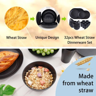  Itopfox Wheat Straw Dinnerware Set For 8, Includes Plates, Bowls & Cups, Unbreakable & Dishwasher Safe, Perfect For Parties, Picnics & Everyday Use