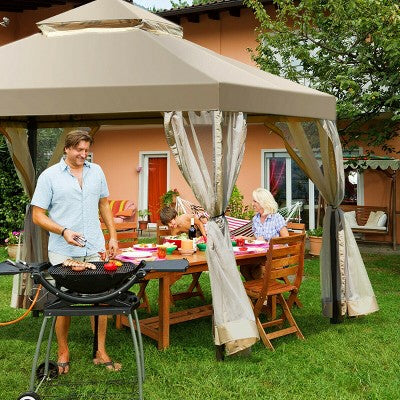  Costway Outdoor 2-Tier 10'x10' Gazebo Canopy Shelter Awning Tent Patio Garden Screw-free Structure Brown