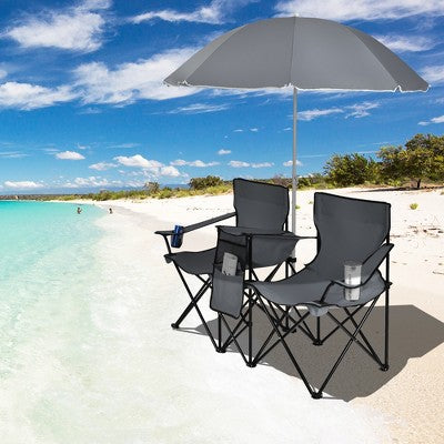  Portable Folding Picnic Double Chair W/Umbrella Table Cooler Beach Camping Turquoise\Black\Red\Gray
