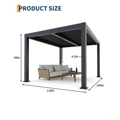  All-Aluminum Louvered Pergola, Outdoor Pergola With Adjustable Louvered Roof, Reinforced Aluminum Frame, Integrated Drainage System, Gray