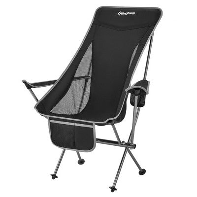  KingCamp Lightweight Padded Highback Folding Lounge Chair With Cupholder, Side Storage Pocket, And Carry Bag For Indoor Or Outdoors, Black/Grey