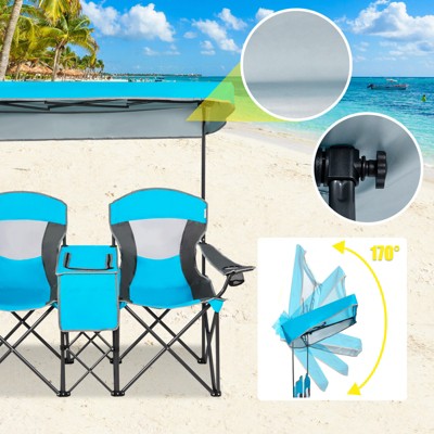  Gymax Double Folding Camping Chairs W/ Carrying Bag Outdoor 2-Seat Picnic Chair W/ Adjustable & Detachable Canopy Portable & Foldable Loveseat