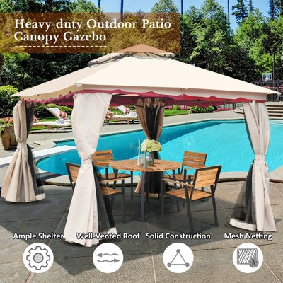  Tangkula 13'x10'Outdoor Canopy Gazebo Art Steel Frame 2-Tiers Party Patio Large Canopy Gazebo W/Netting&Side Walls